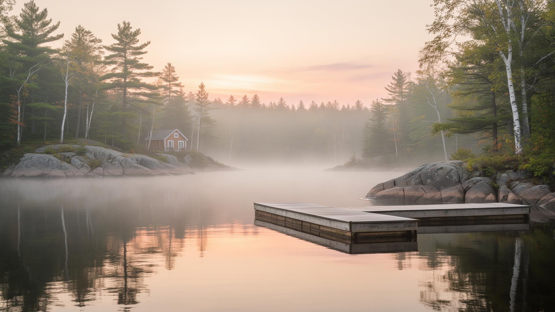 Misty Muskoka lake at sunrise with a small cottage and dock
